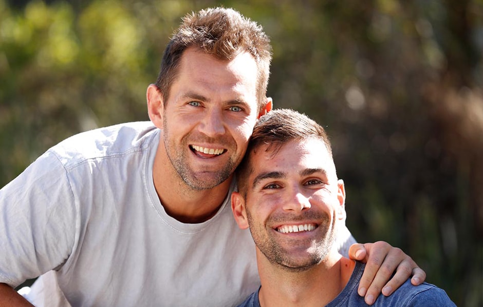 web article marcus hodge.jpg Hodge and Adams re-enact a photo taken at the 2007 AFL Grand Final. - Brisbane Lions,Luke Hodge,Marcus Adams